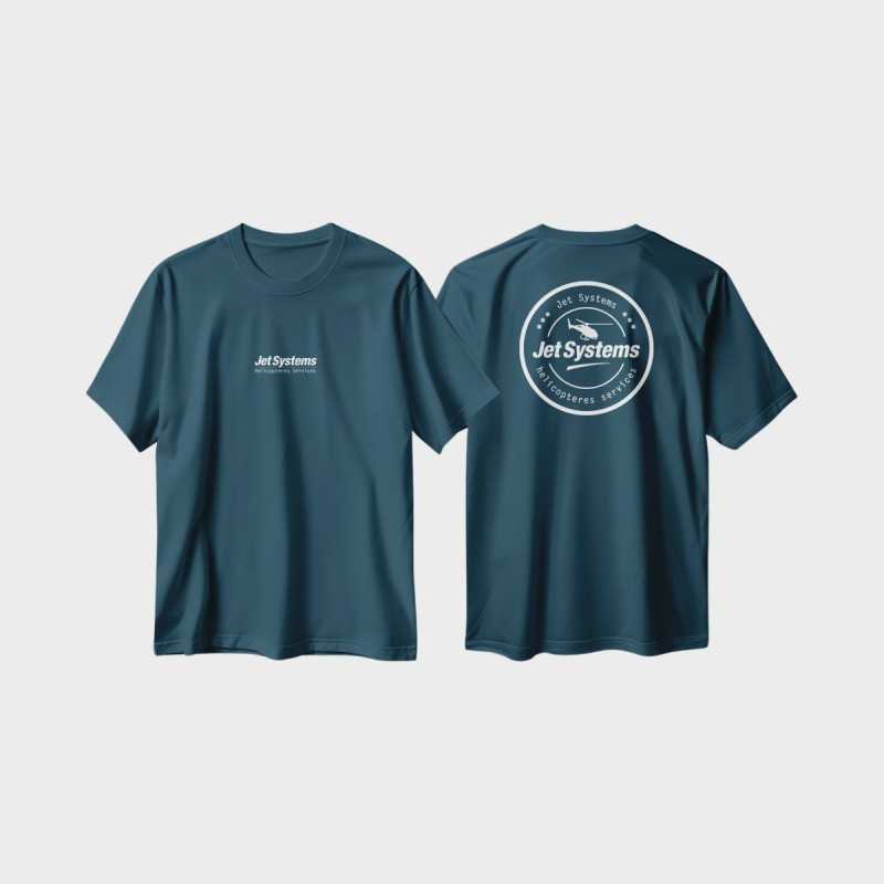 T-shirt bleu jet systems unisex avec logo jet systems en ligne centré torse et logo rond au dos