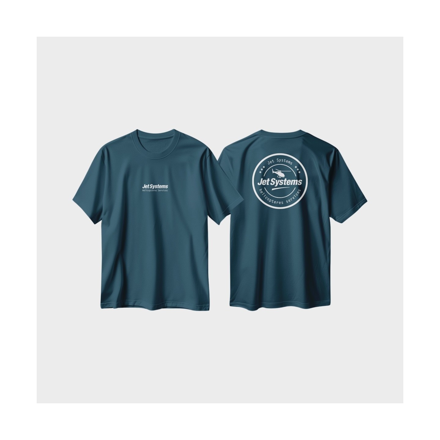 T-shirt bleu jet systems unisex avec logo jet systems en ligne centré torse et logo rond au dos