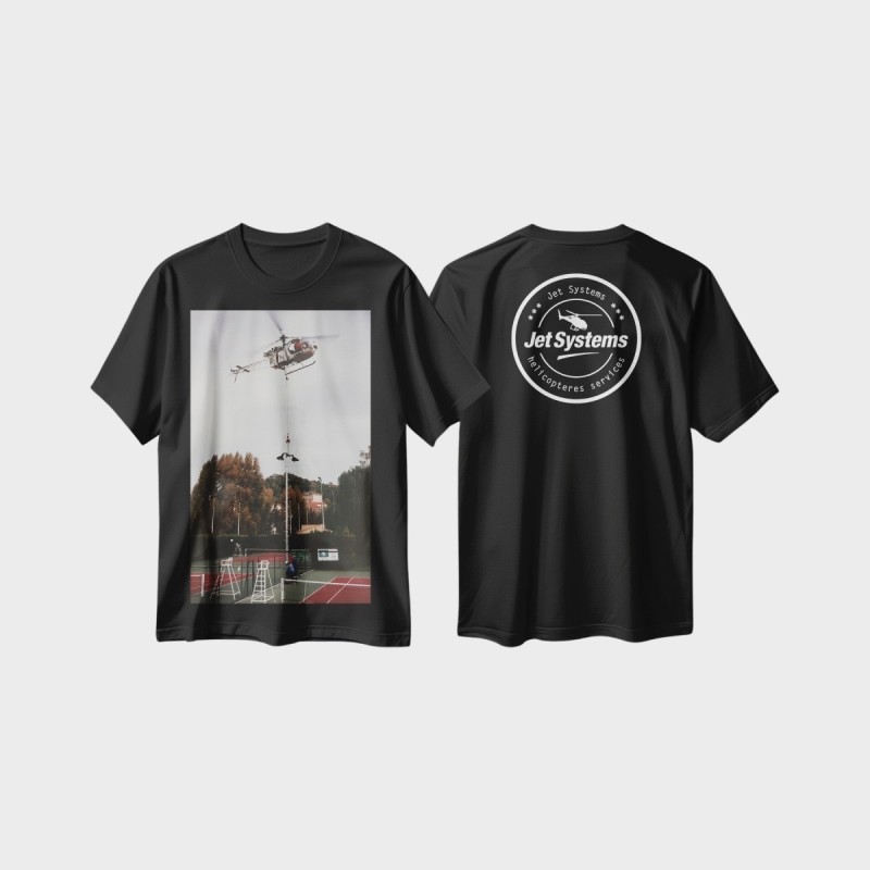Black retro T-shirt showing a Jet Systems helicopter lifting operation in the 1990s