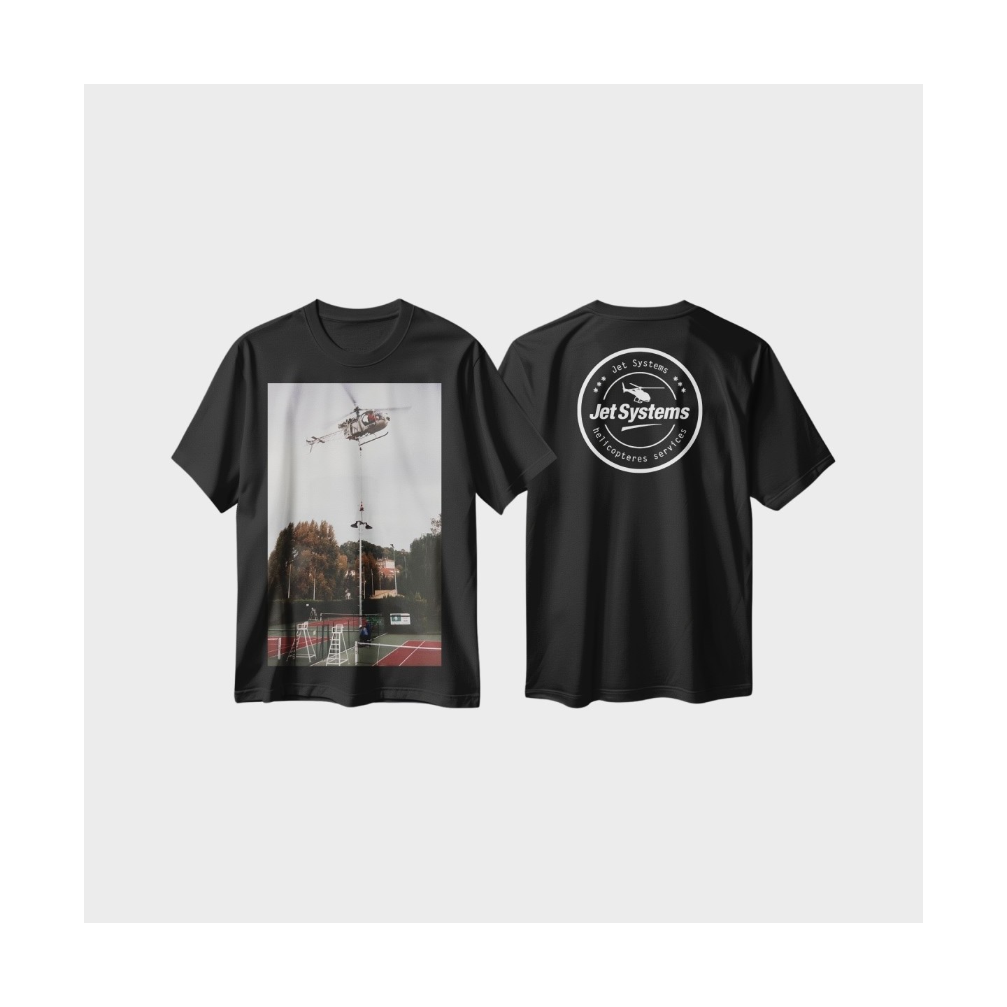 T-shirt noir rétro héliportage levage en hélicoptère avec Jet Systems dans les années 1990