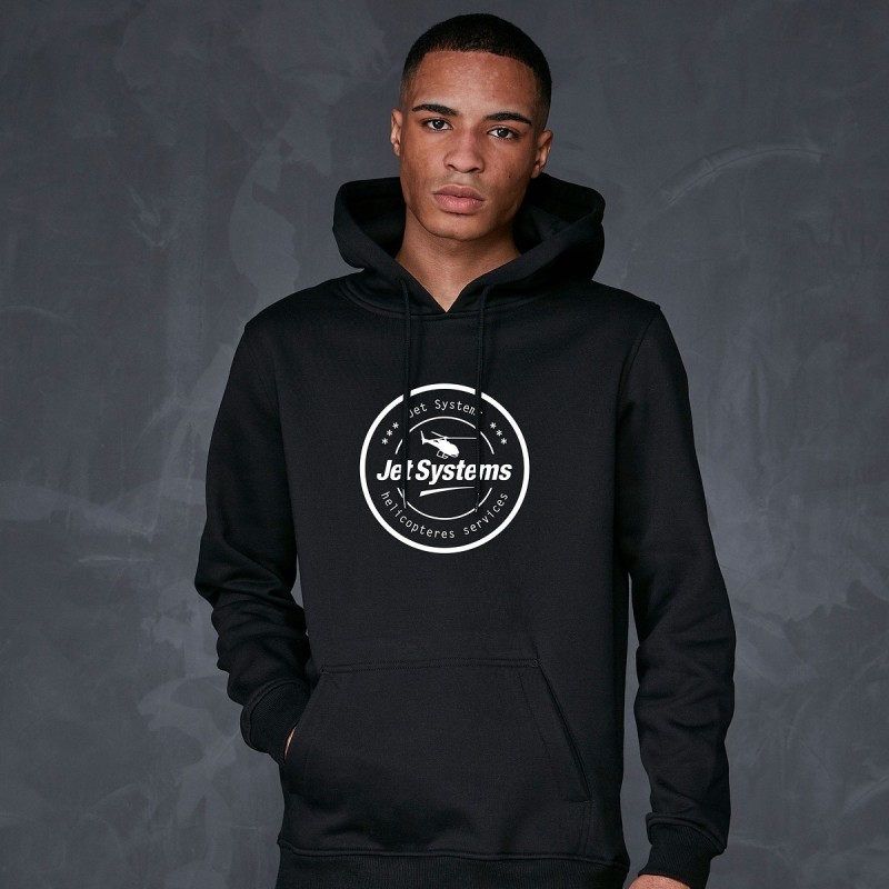 Black hoodie with embroidered logo on the front centre